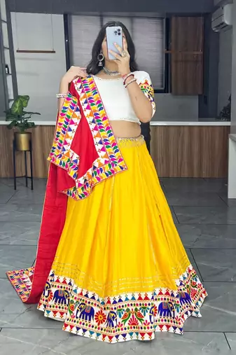 Yellow Gota patti Border Navratri Lehenga Choli Blouse & Dupatta-  Full stitched free size