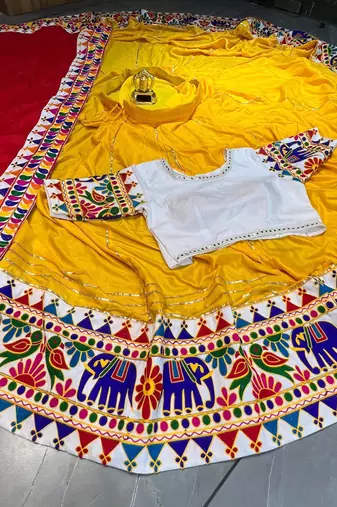 Yellow Gota patti Border Navratri Lehenga Choli Blouse & Dupatta-  Full stitched free size