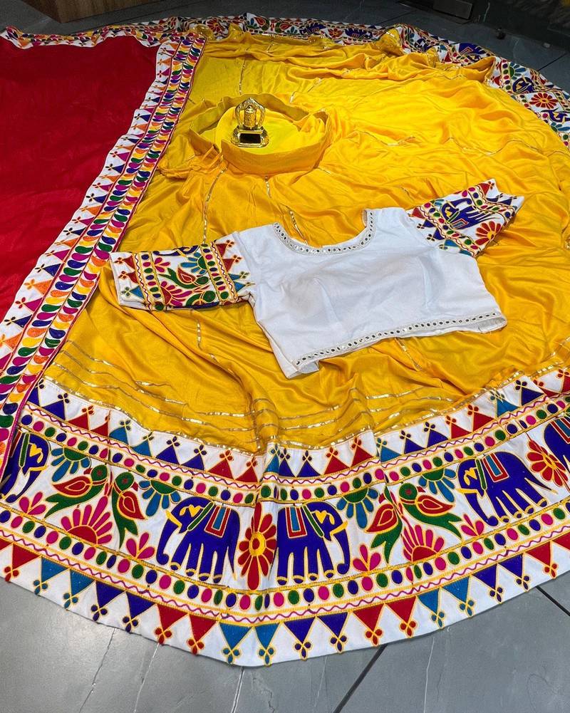 Yellow Gota patti Border Navratri Lehenga Choli Blouse & Dupatta-  Full stitched free size