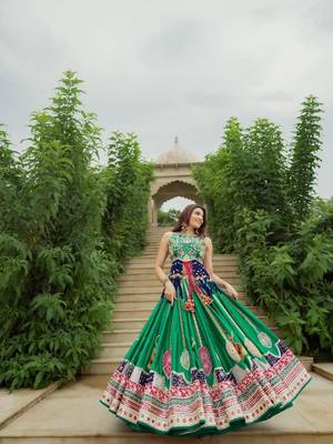 Green Navratri Digital Print Maslin Cotton Lehenga Choli with Dupatta 2