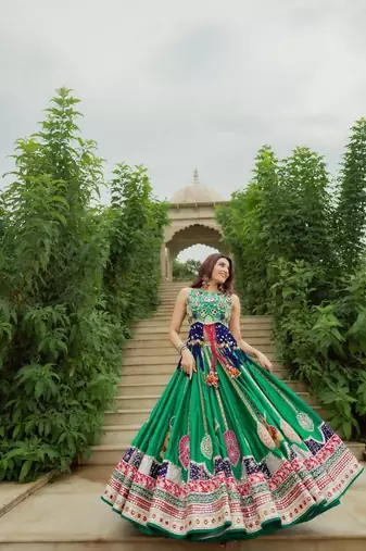 Green Navratri Digital Print Maslin Cotton Lehenga Choli with Dupatta