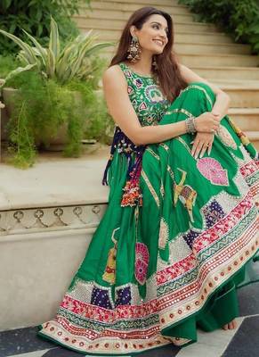 Green Navratri Digital Print Maslin Cotton Lehenga Choli with Dupatta 3