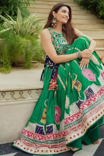 Green Navratri Digital Print Maslin Cotton Lehenga Choli with Dupatta
