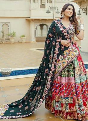 Multicolor Navratri Muslin Cotton Lehenga Choli with Real Mirror Work & Dupatta 1