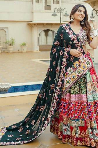 Multicolor Navratri Muslin Cotton Lehenga Choli with Real Mirror Work & Dupatta