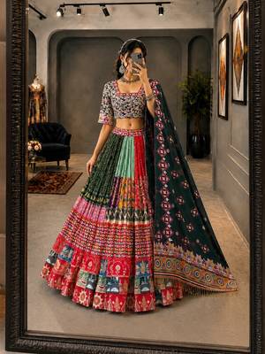 Multicolor Navratri Muslin Cotton Lehenga Choli with Real Mirror Work & Dupatta 2