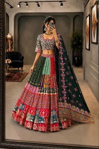 Multicolor Navratri Muslin Cotton Lehenga Choli with Real Mirror Work & Dupatta