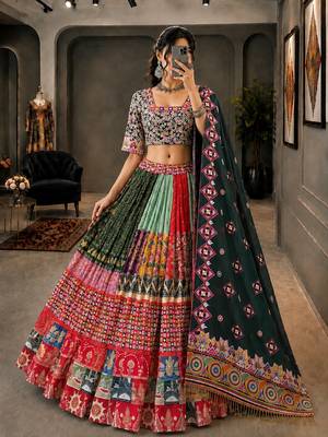 Multicolor Navratri Muslin Cotton Lehenga Choli with Real Mirror Work & Dupatta 3
