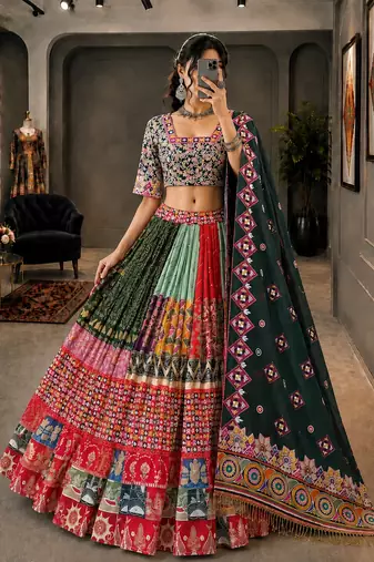 Multicolor Navratri Muslin Cotton Lehenga Choli with Real Mirror Work & Dupatta