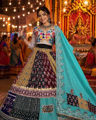 MulticolorNavratri Designer Muslin Cotton Lehenga Choli with Real Mirror Work & Dupatta 1