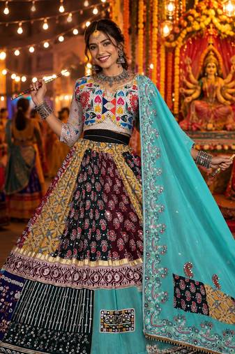 MulticolorNavratri Designer Muslin Cotton Lehenga Choli with Real Mirror Work & Dupatta