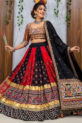 Multicolor Navratri Malai Silk Lehenga Choli with Real Mirror Work & Dupatta