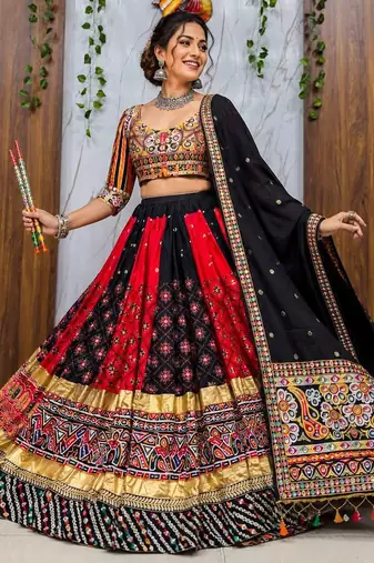 Multicolor Navratri Malai Silk Lehenga Choli with Real Mirror Work & Dupatta