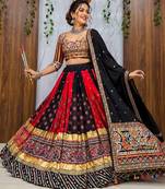 Multicolor Navratri Malai Silk Lehenga Choli with Real Mirror Work & Dupatta