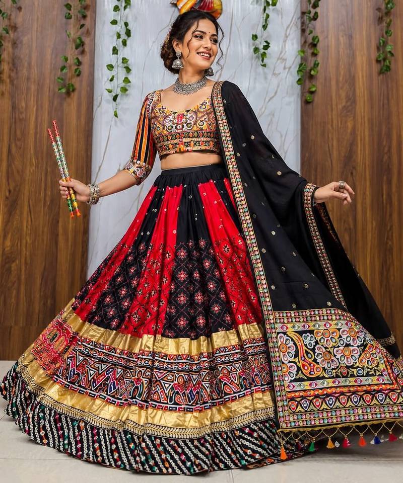 Multicolor Navratri Malai Silk Lehenga Choli with Real Mirror Work & Dupatta