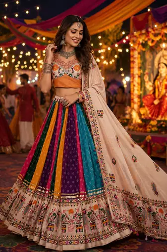 Multicolor Navratri Muslin Cotton Lehenga Choli with Real Mirror Work & Dupatta