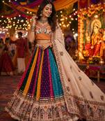 Multicolor Navratri Muslin Cotton Lehenga Choli with Real Mirror Work & Dupatta
