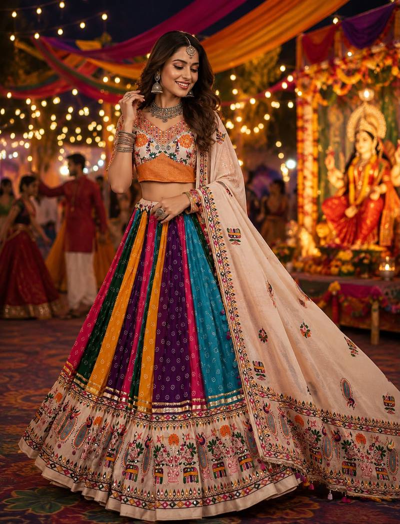 Multicolor Navratri Muslin Cotton Lehenga Choli with Real Mirror Work & Dupatta