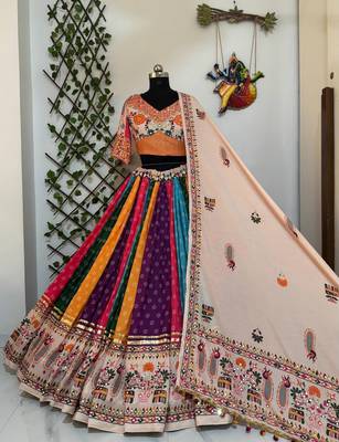 Multicolor Navratri Muslin Cotton Lehenga Choli with Real Mirror Work & Dupatta 2