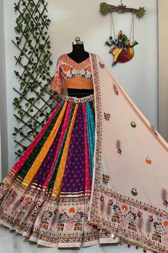 Multicolor Navratri Muslin Cotton Lehenga Choli with Real Mirror Work & Dupatta