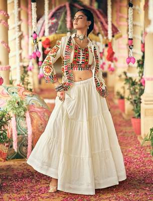 White Navratri Pure Cotton Lehenga Choli with Embroidered Koti 1