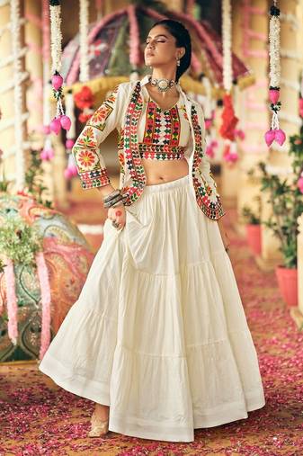 White Navratri Pure Cotton Lehenga Choli with Embroidered Koti