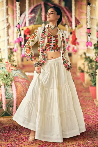 White Navratri Pure Cotton Lehenga Choli with Embroidered Koti
