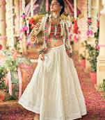 White Navratri Pure Cotton Lehenga Choli with Embroidered Koti