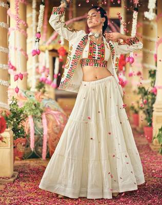 White Navratri Pure Cotton Lehenga Choli with Embroidered Koti 2