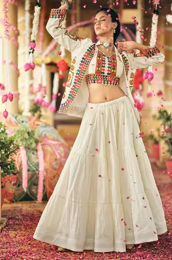 White Navratri Pure Cotton Lehenga Choli with Embroidered Koti
