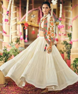 White Navratri Pure Cotton Lehenga Choli with Embroidered Koti 3