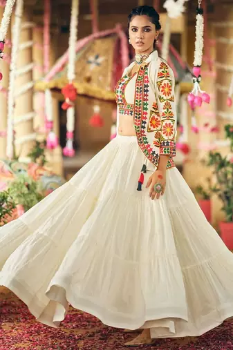 White Navratri Pure Cotton Lehenga Choli with Embroidered Koti