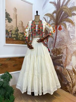 White Navratri Pure Cotton Lehenga Choli with Embroidered Koti 4