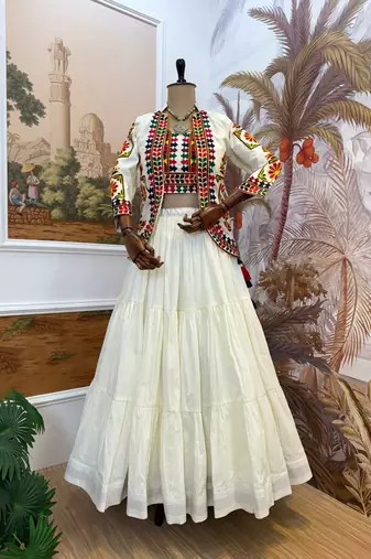 White Navratri Pure Cotton Lehenga Choli with Embroidered Koti