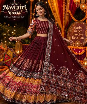 Maroon Navratri Muslin Cotton Lehenga Choli with Real Mirror Work & Dupatta 1