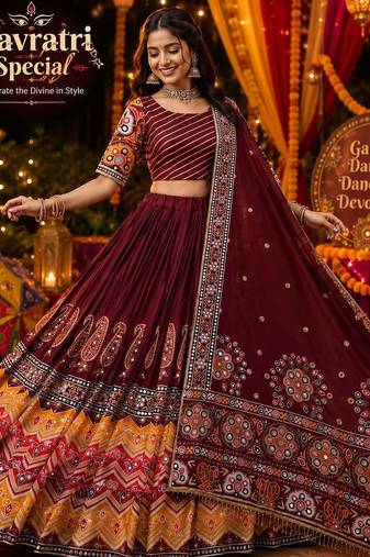 Maroon Navratri Muslin Cotton Lehenga Choli with Real Mirror Work & Dupatta
