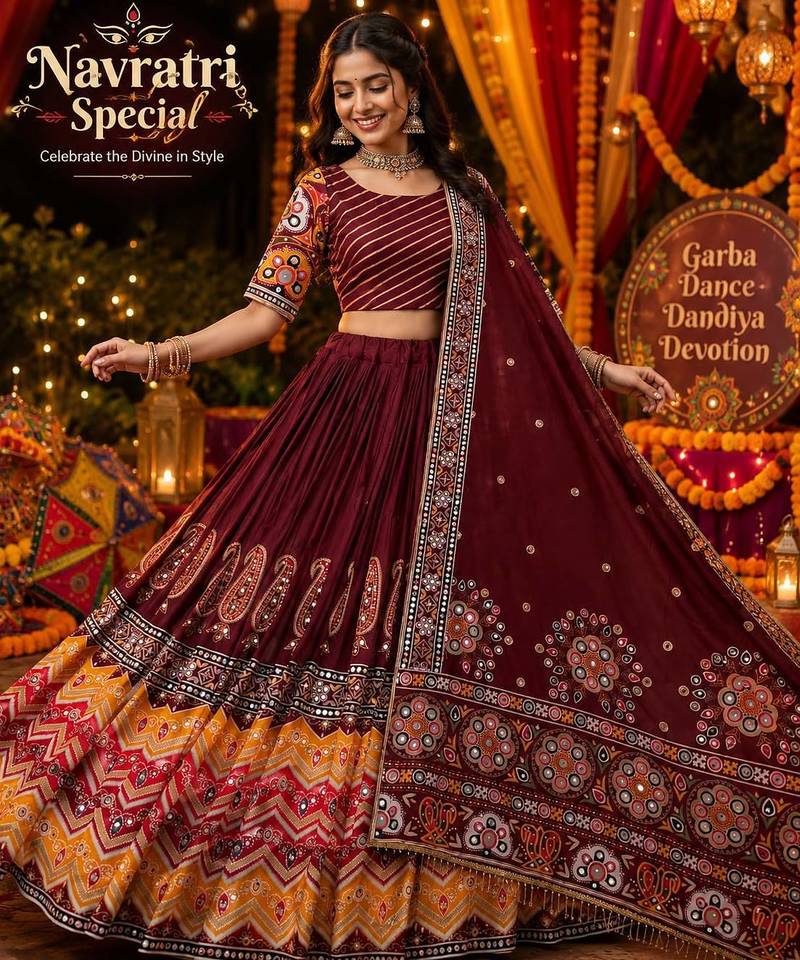 Maroon Navratri Muslin Cotton Lehenga Choli with Real Mirror Work & Dupatta