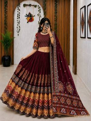 Maroon Navratri Muslin Cotton Lehenga Choli with Real Mirror Work & Dupatta 2