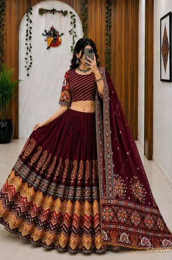Maroon Navratri Muslin Cotton Lehenga Choli with Real Mirror Work & Dupatta