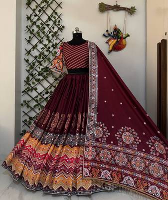 Maroon Navratri Muslin Cotton Lehenga Choli with Real Mirror Work & Dupatta 3
