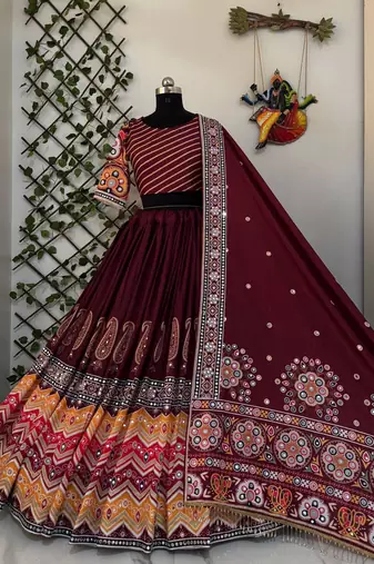 Maroon Navratri Muslin Cotton Lehenga Choli with Real Mirror Work & Dupatta