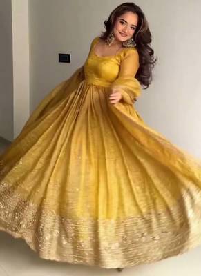  mustard yellow solid silk anarkali suit with dupatta 2