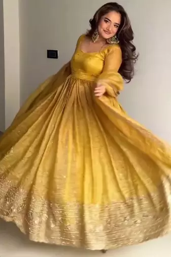  mustard yellow solid silk anarkali suit with dupatta