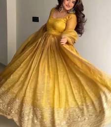  mustard yellow solid silk anarkali suit with dupatta