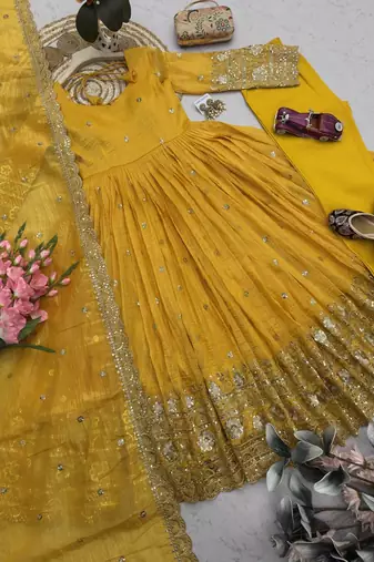  mustard yellow solid silk anarkali suit with dupatta