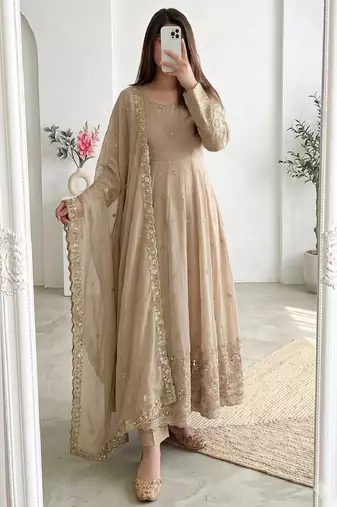 cream embroidered anarkali suit with dupatta