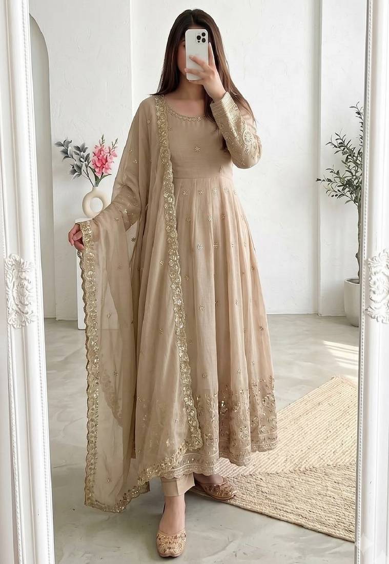 cream embroidered anarkali suit with dupatta