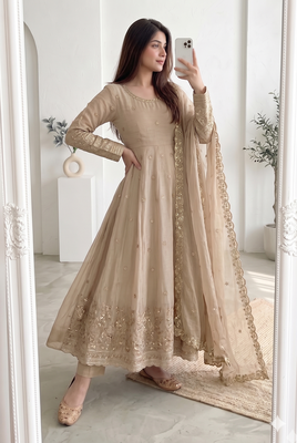 cream embroidered anarkali suit with dupatta 2