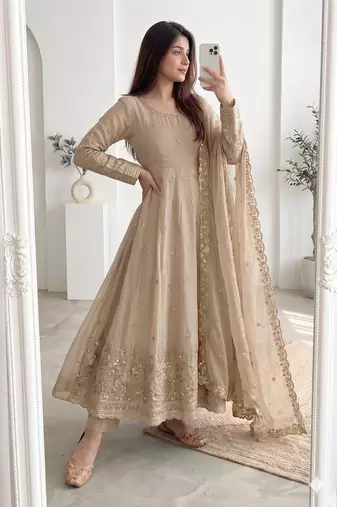 cream embroidered anarkali suit with dupatta