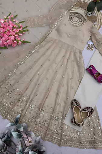 cream embroidered anarkali suit with dupatta
